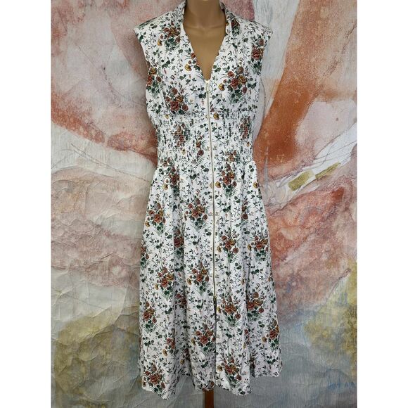 Anthropologie The Tommie Cap-Sleeve Smocked Front-Zip Midi Shirt Dress $170
